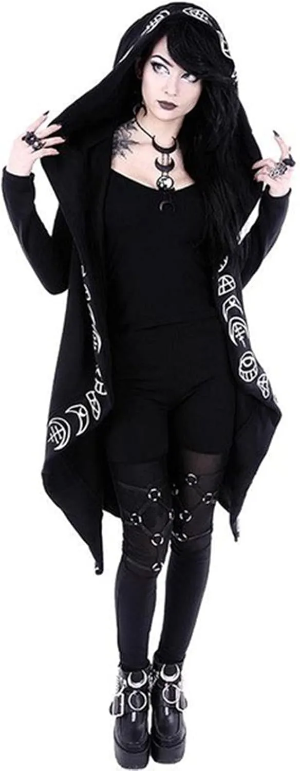 Womens Punk Gothic Sweatshirt Witchcraft Moon Long Hoodie Jacket Long Sleeve Zip Up Hoodie Cosplay Zipper Cardigans
