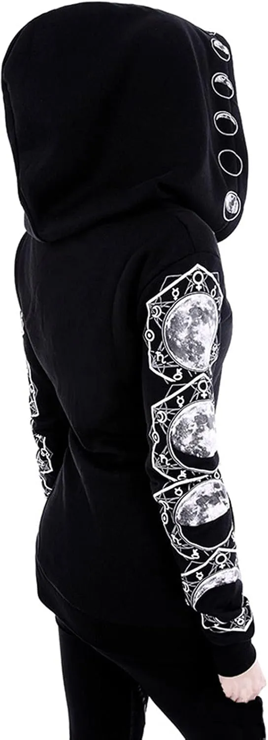 Womens Punk Gothic Sweatshirt Witchcraft Moon Long Hoodie Jacket Long Sleeve Zip Up Hoodie Cosplay Zipper Cardigans
