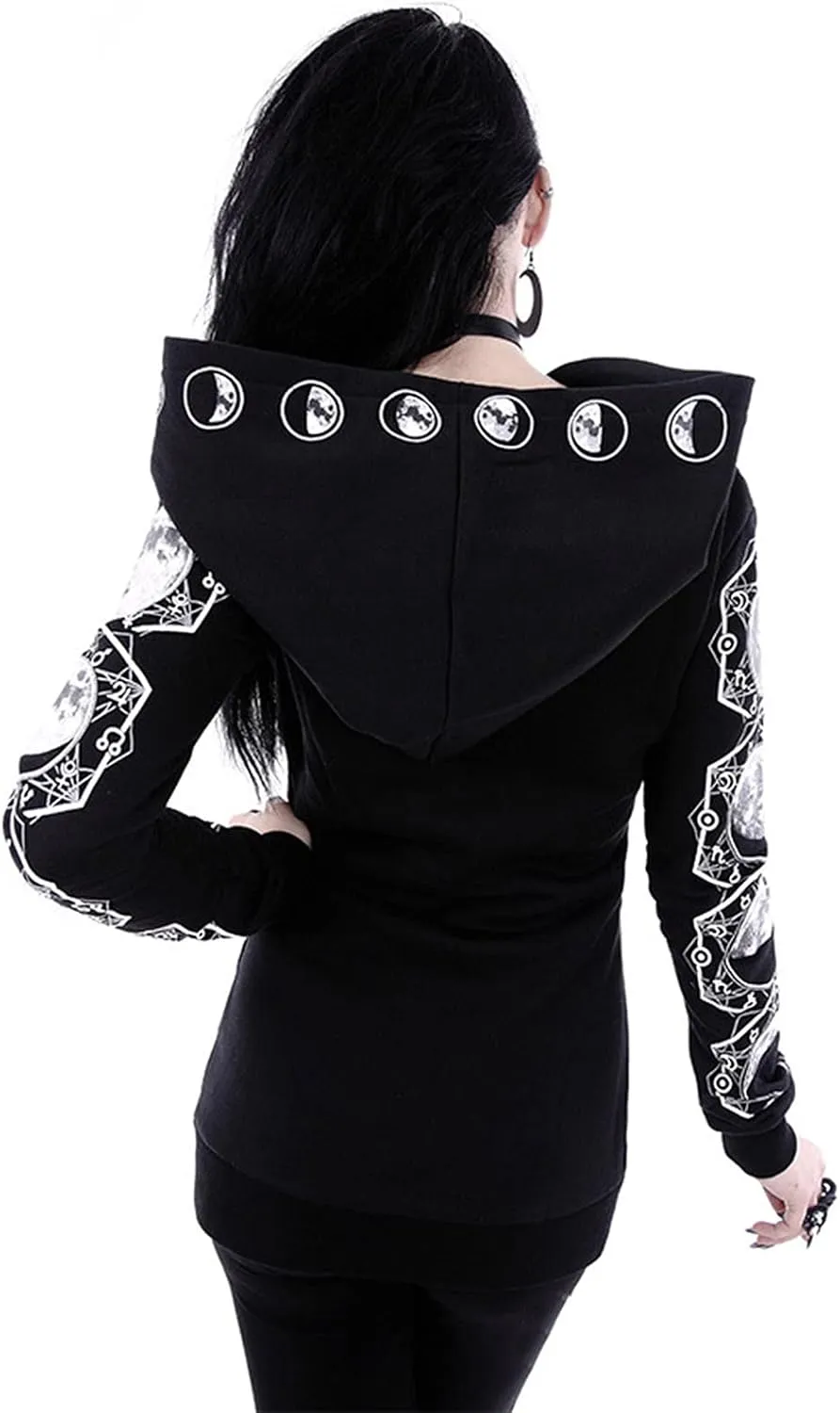 Womens Punk Gothic Sweatshirt Witchcraft Moon Long Hoodie Jacket Long Sleeve Zip Up Hoodie Cosplay Zipper Cardigans