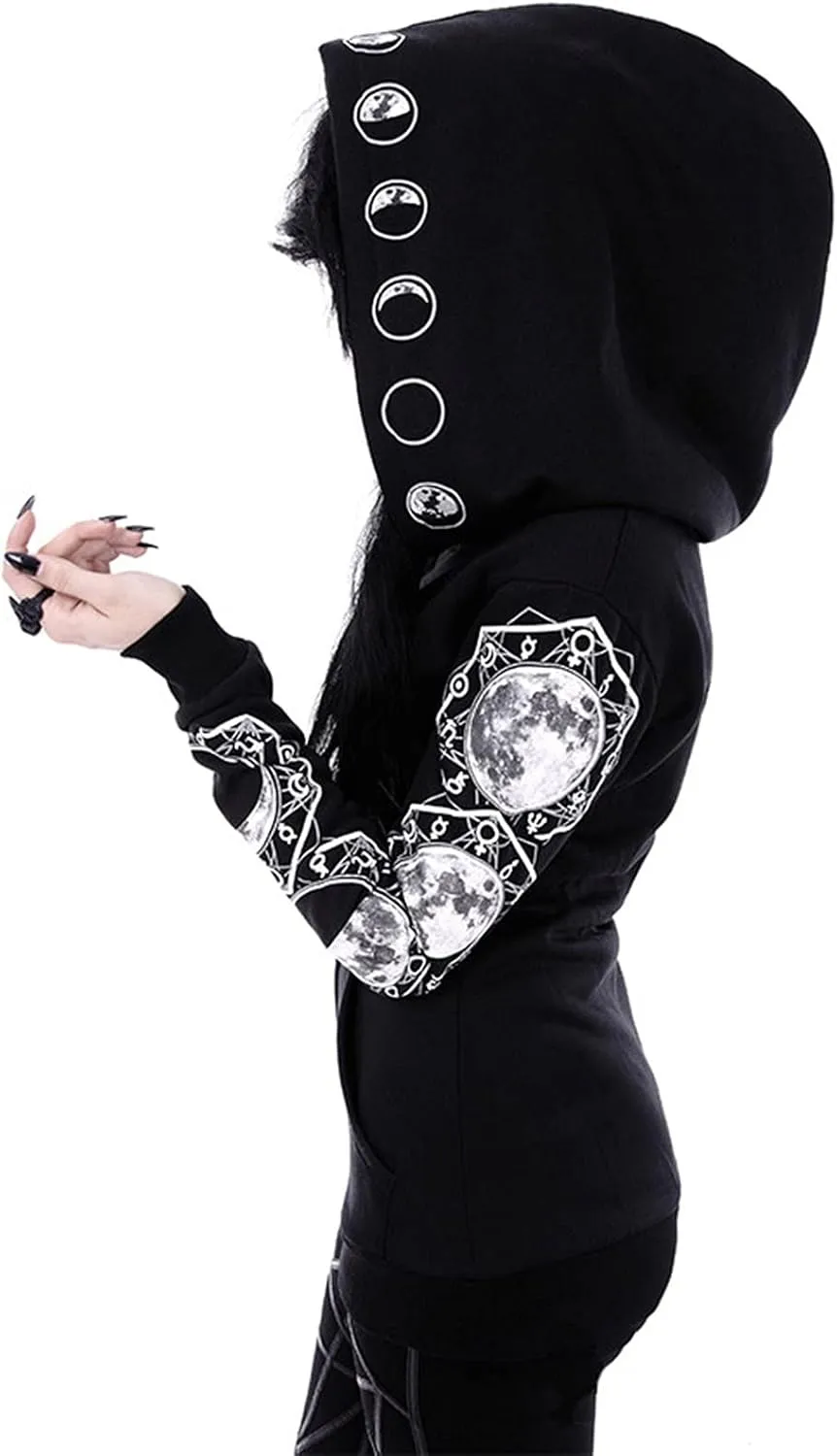 Womens Punk Gothic Sweatshirt Witchcraft Moon Long Hoodie Jacket Long Sleeve Zip Up Hoodie Cosplay Zipper Cardigans
