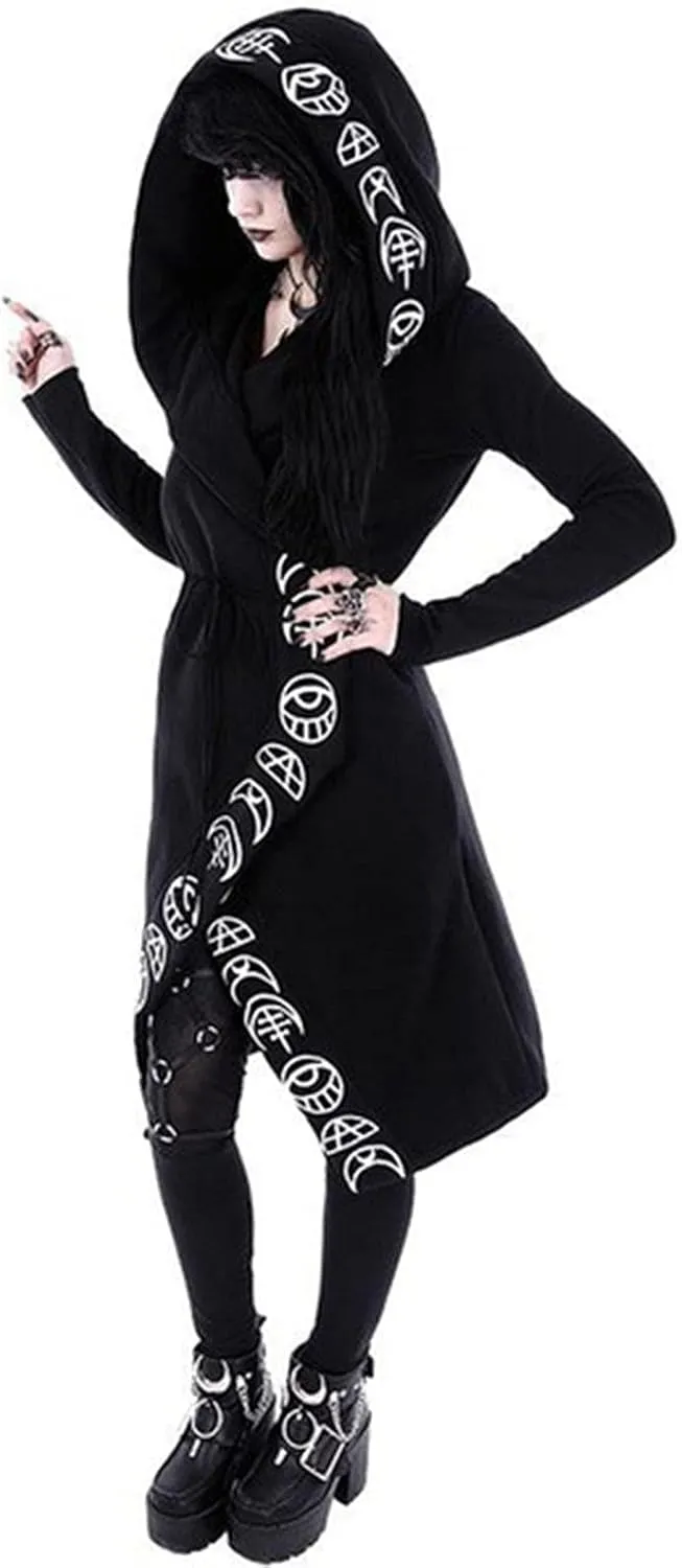 Womens Punk Gothic Sweatshirt Witchcraft Moon Long Hoodie Jacket Long Sleeve Zip Up Hoodie Cosplay Zipper Cardigans