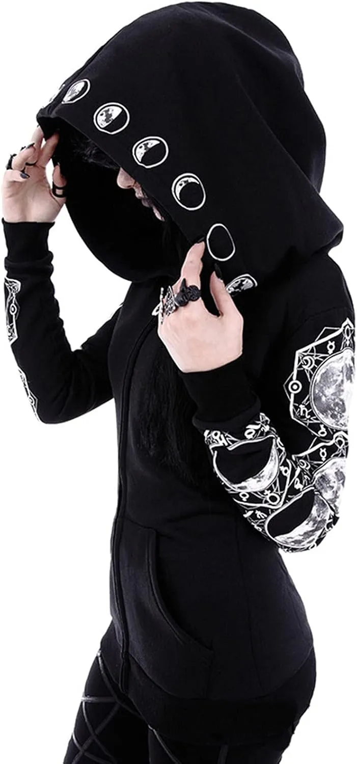 Womens Punk Gothic Sweatshirt Witchcraft Moon Long Hoodie Jacket Long Sleeve Zip Up Hoodie Cosplay Zipper Cardigans