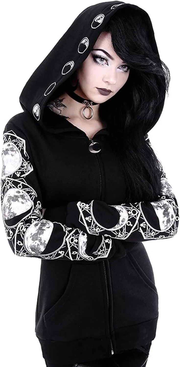 Womens Punk Gothic Sweatshirt Witchcraft Moon Long Hoodie Jacket Long Sleeve Zip Up Hoodie Cosplay Zipper Cardigans