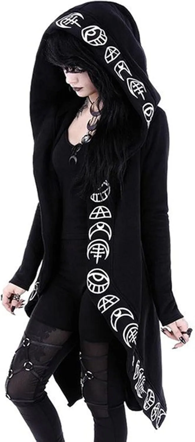 Womens Punk Gothic Sweatshirt Witchcraft Moon Long Hoodie Jacket Long Sleeve Zip Up Hoodie Cosplay Zipper Cardigans