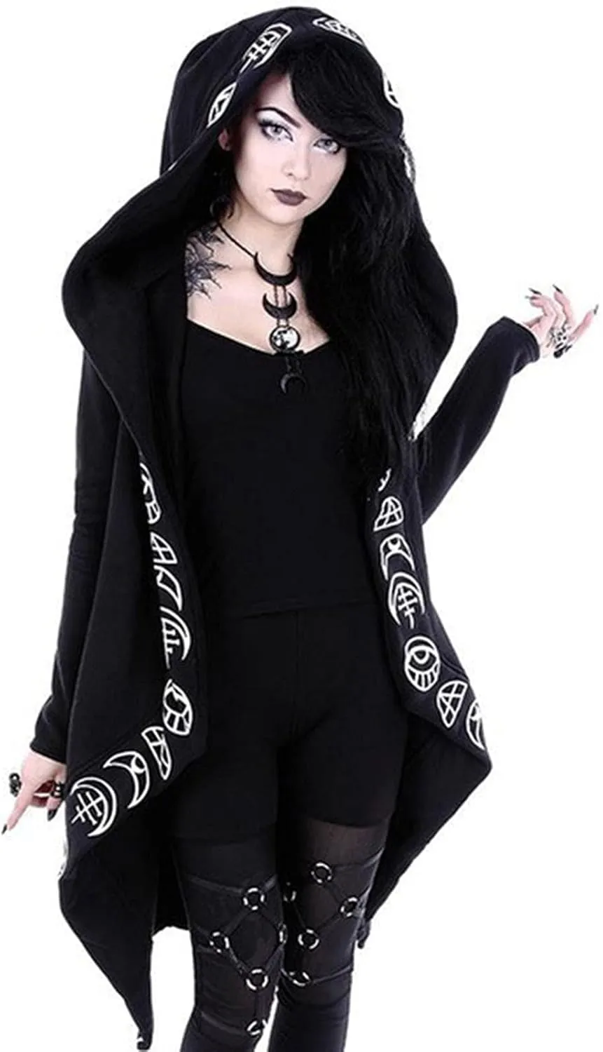 Womens Punk Gothic Sweatshirt Witchcraft Moon Long Hoodie Jacket Long Sleeve Zip Up Hoodie Cosplay Zipper Cardigans