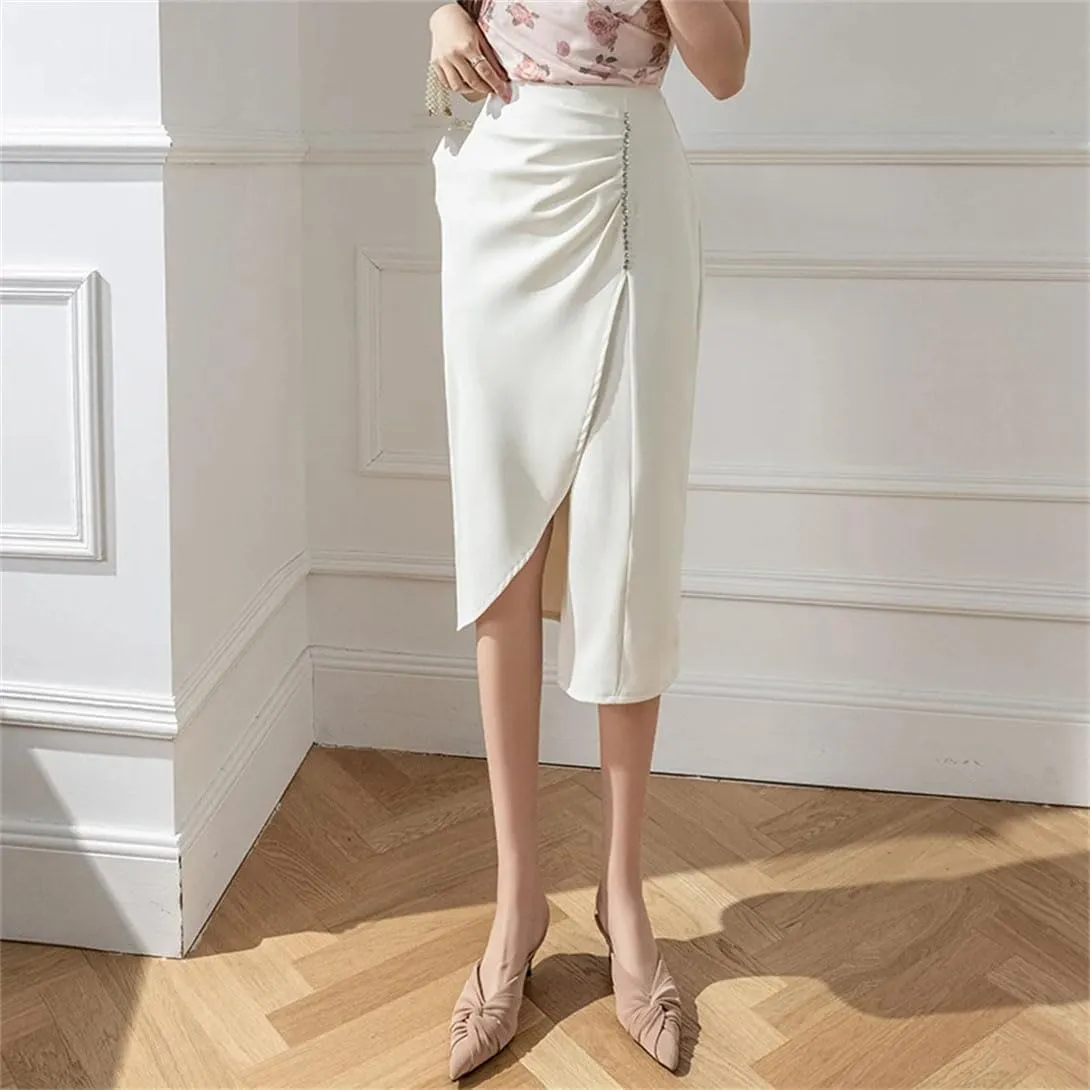 Women's Stretch High Waist Pencil Skirt Summer Fashion Asymmetric Beaded Office Slim Long Skirt