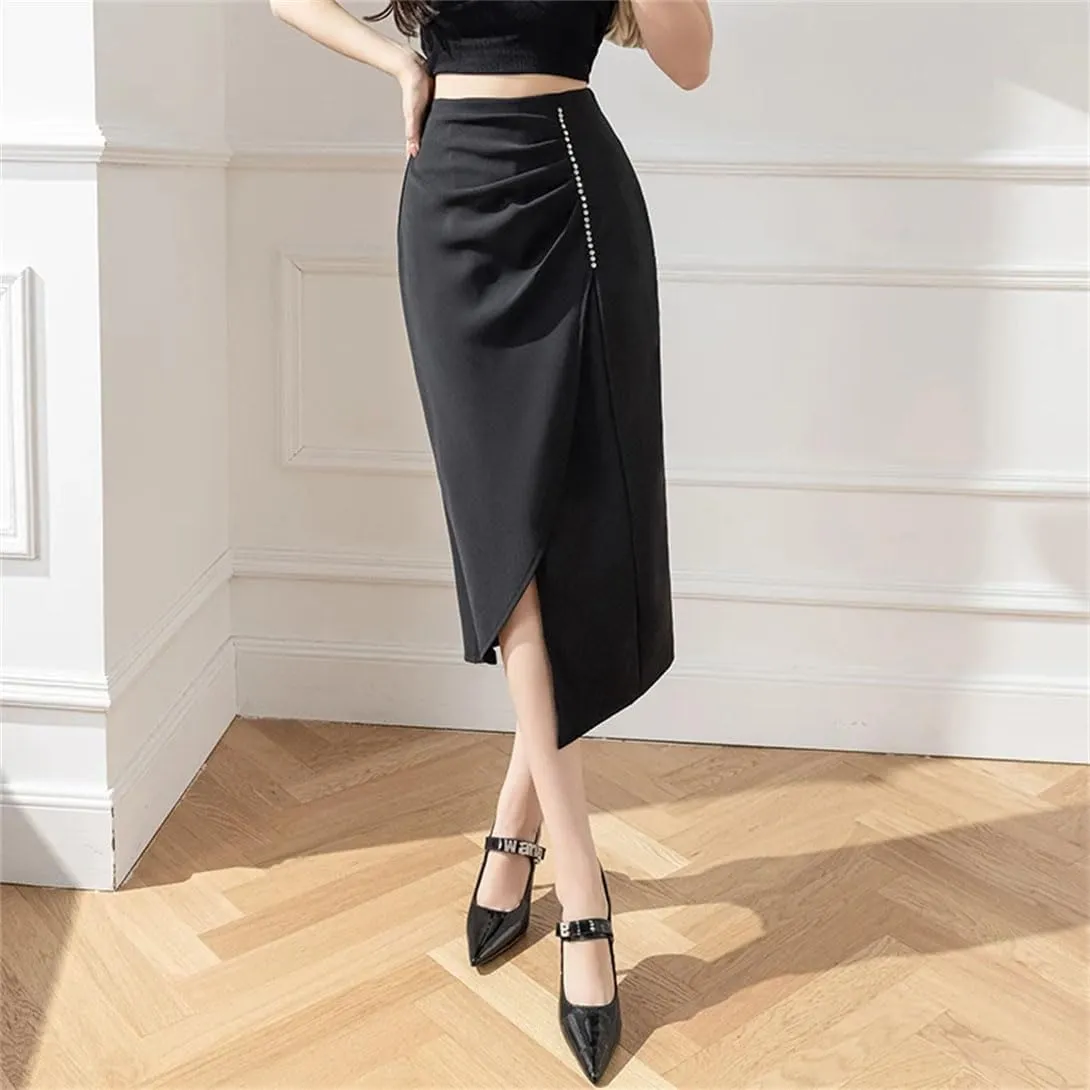 Women's Stretch High Waist Pencil Skirt Summer Fashion Asymmetric Beaded Office Slim Long Skirt
