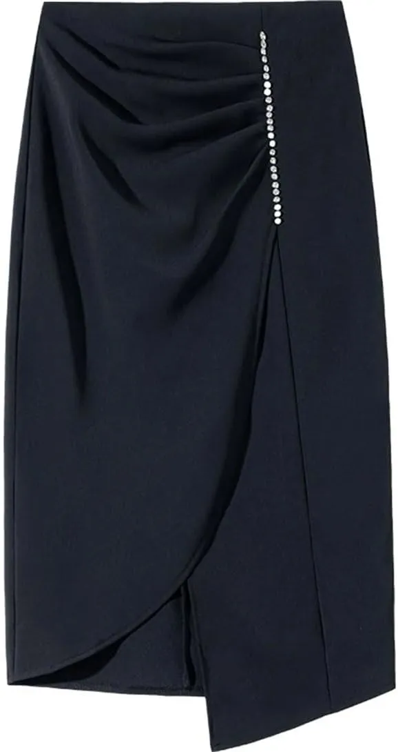 Women's Stretch High Waist Pencil Skirt Summer Fashion Asymmetric Beaded Office Slim Long Skirt