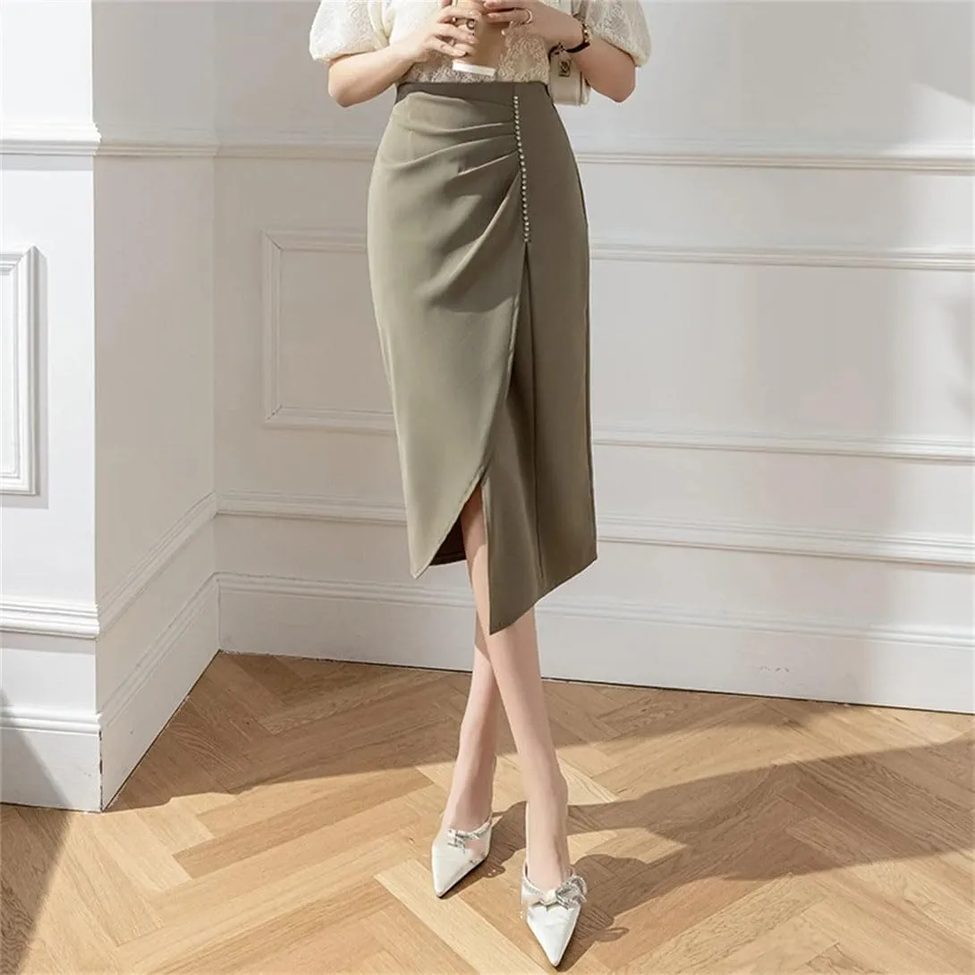 Women's Stretch High Waist Pencil Skirt Summer Fashion Asymmetric Beaded Office Slim Long Skirt