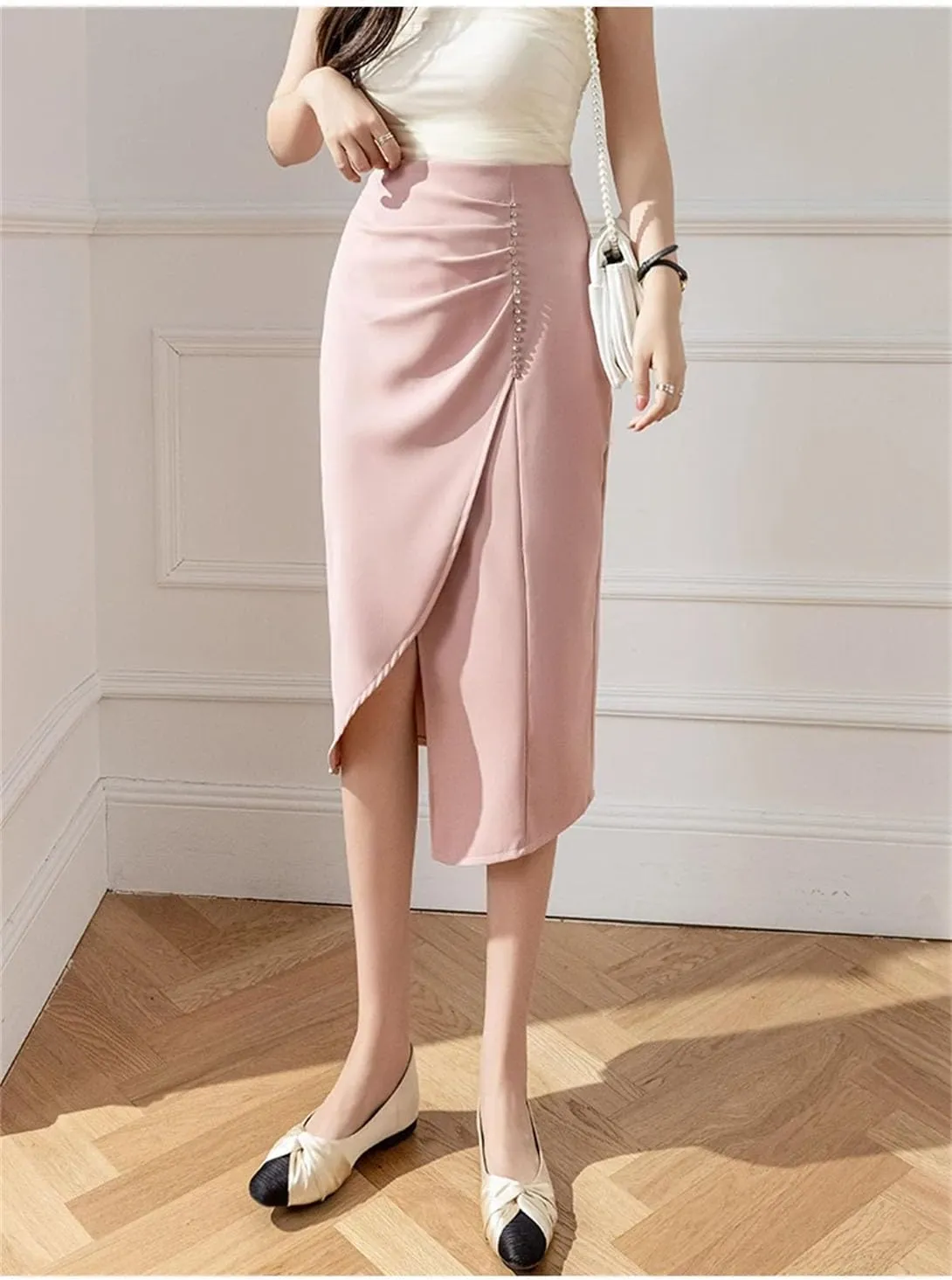 Women's Stretch High Waist Pencil Skirt Summer Fashion Asymmetric Beaded Office Slim Long Skirt