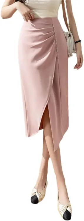 Women's Stretch High Waist Pencil Skirt Summer Fashion Asymmetric Beaded Office Slim Long Skirt