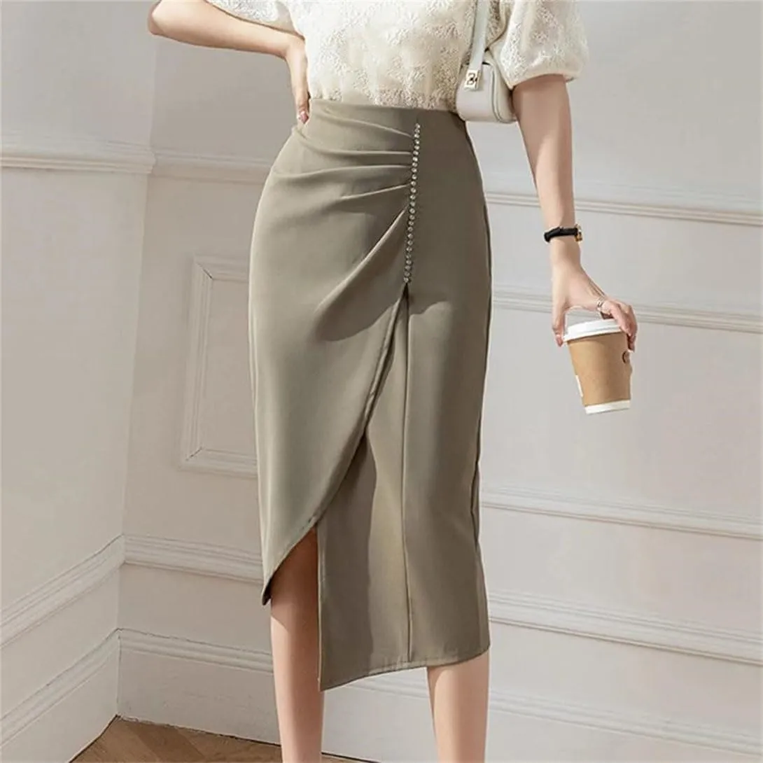 Women's Stretch High Waist Pencil Skirt Summer Fashion Asymmetric Beaded Office Slim Long Skirt