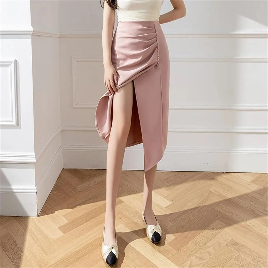 Women's Stretch High Waist Pencil Skirt Summer Fashion Asymmetric Beaded Office Slim Long Skirt